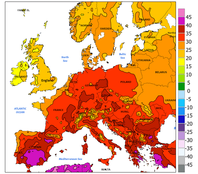 Les maxima de températures en Europe, du 8 au 15 juillet 2023
